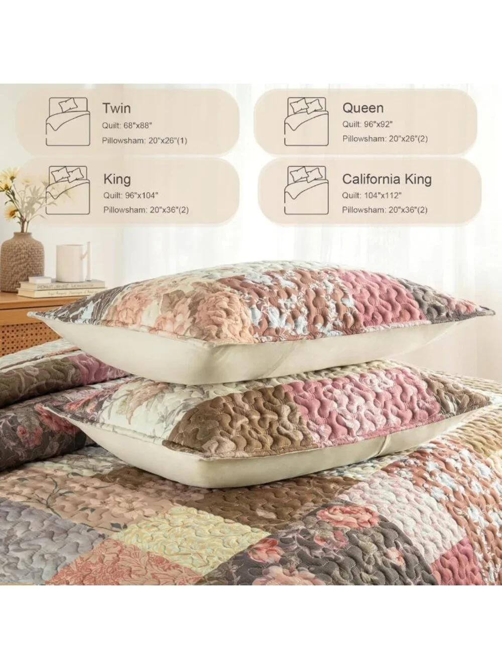 Boho Floral King Quilt Set - Reversible Lightweight Bedspread with 2 Pillow